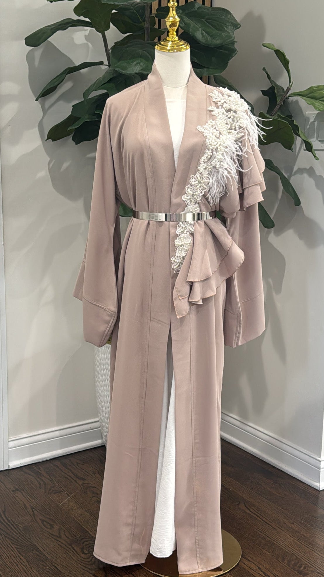 Elegant Ruffed Embellished Taupe open abaya