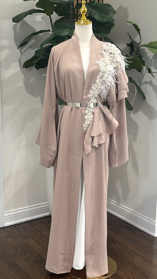 Elegant Ruffed Embellished Taupe open abaya