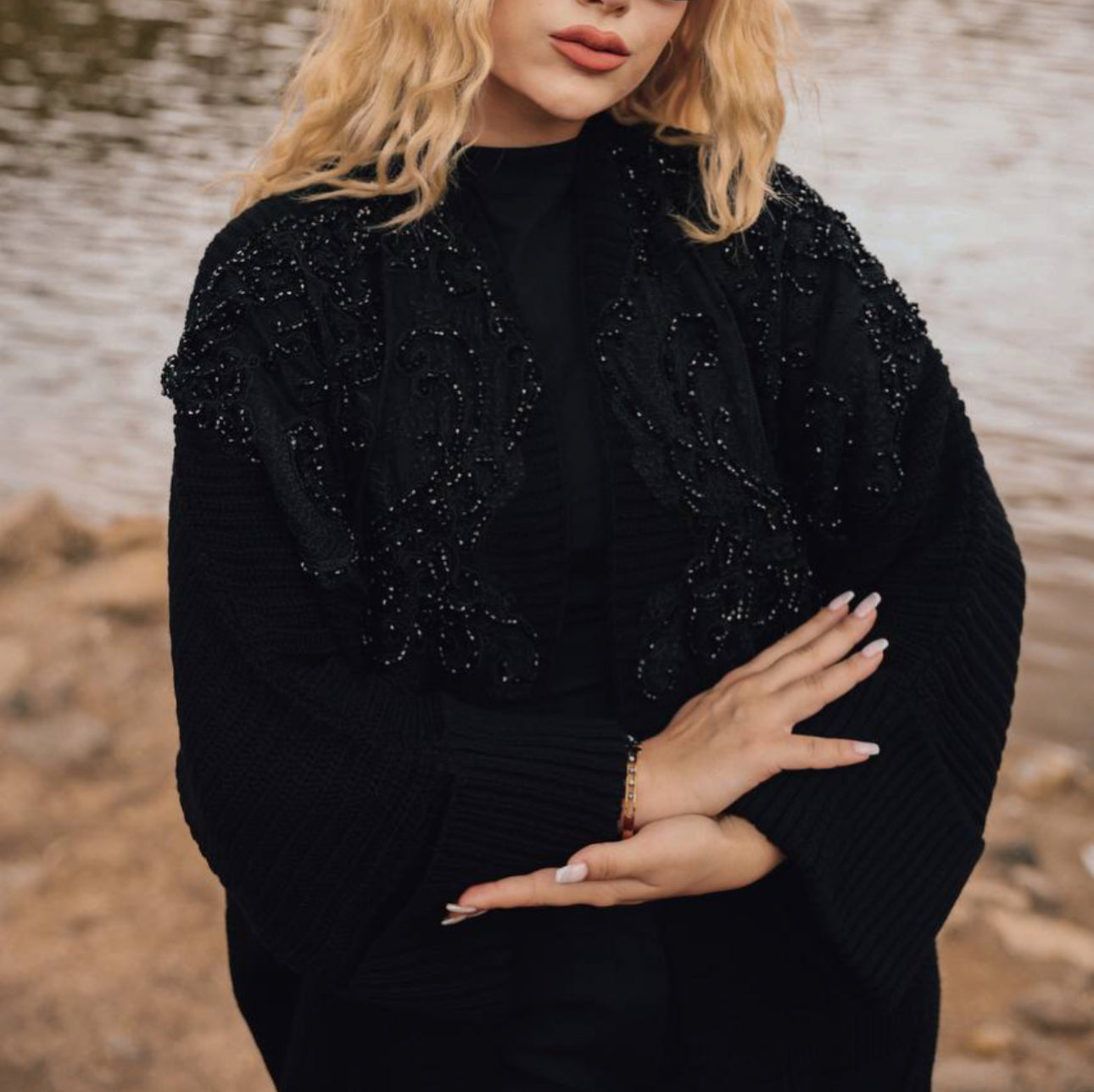 Embellished Beaded Knit Long Cardigan Jacket