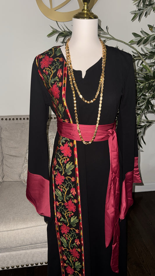 Embroidered Palestine tatreez Shade of burgundy roses with belt
