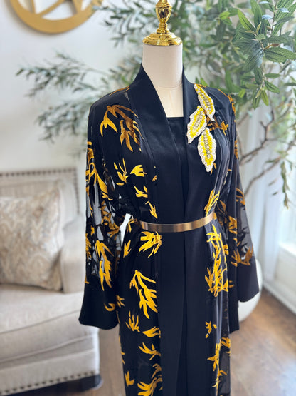 Chiffon velvet printed open abaya