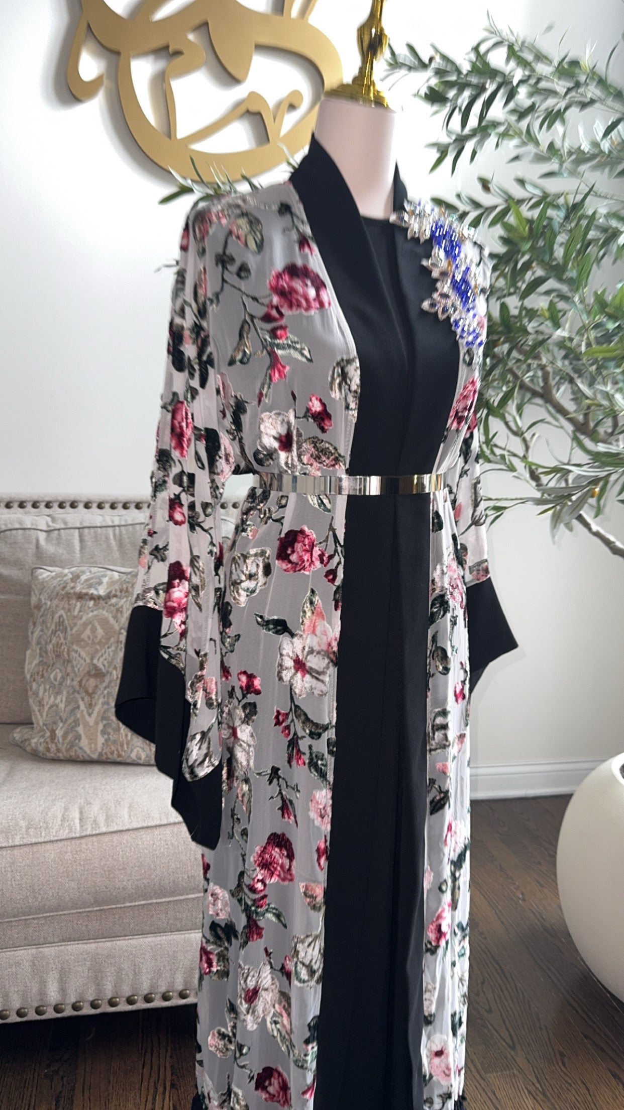 Embellished light Blue Velvet Bloom Chiffon Open Abaya
