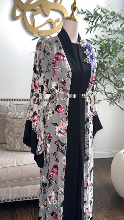 Embellished light Blue Velvet Bloom Chiffon Open Abaya