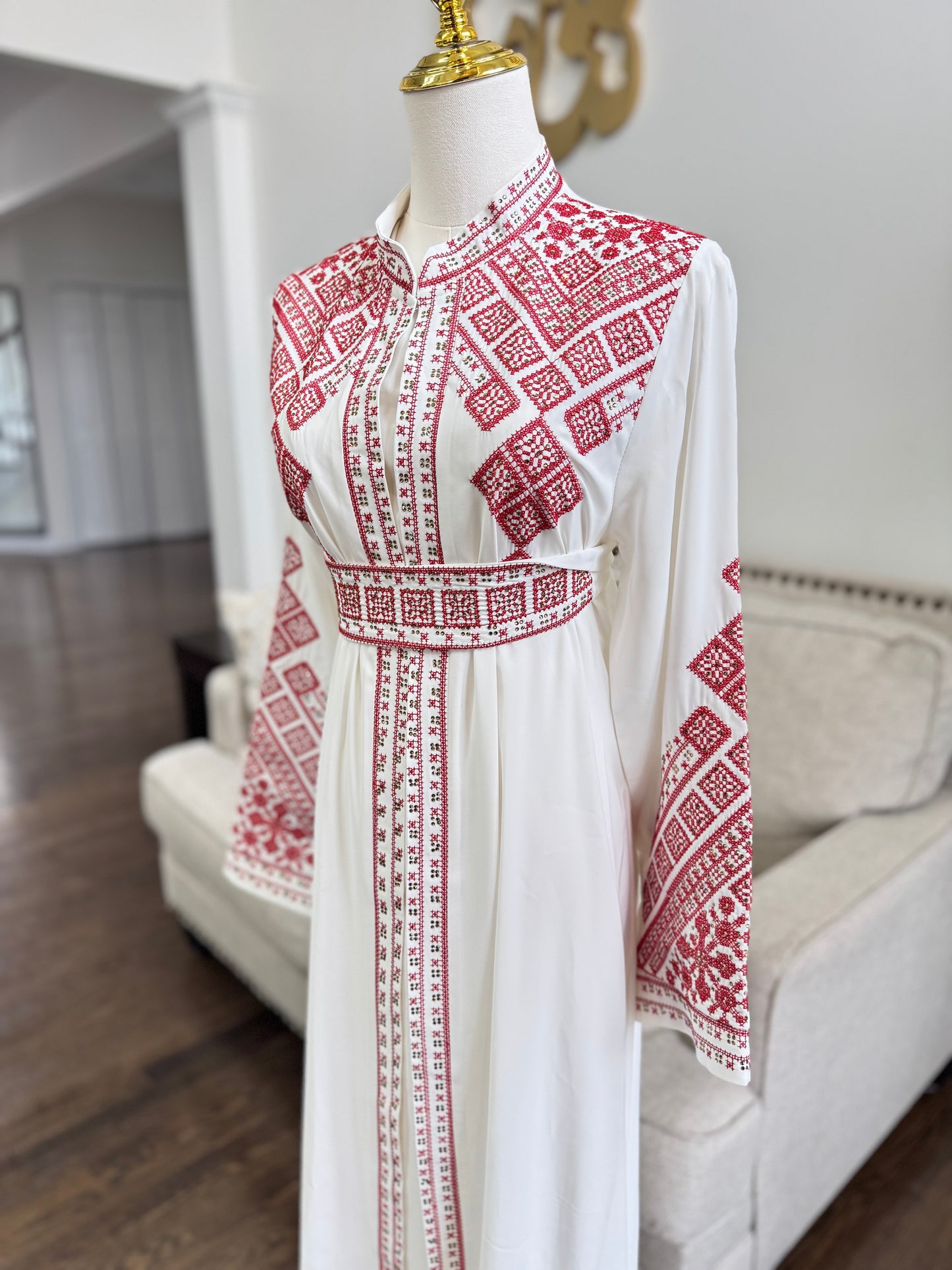 3 pcs Palestinian traditional white embroidered tatreez open abaya Thobe