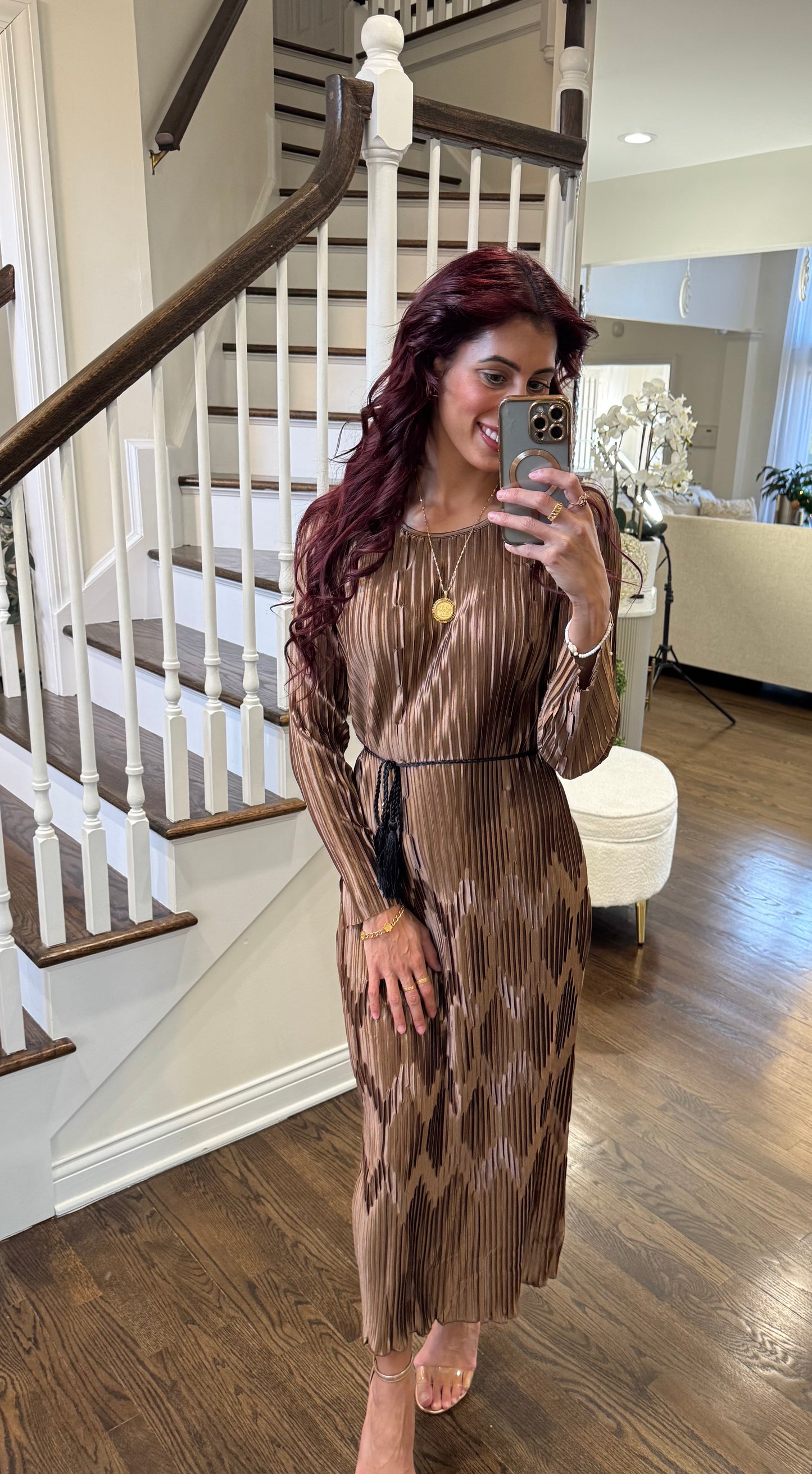 Long Sleeve Pleated Silk Maxi Belted Dress