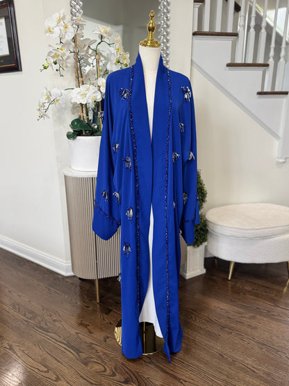Royal Blue Embellished HandWork Beaded Open Abaya Kimono