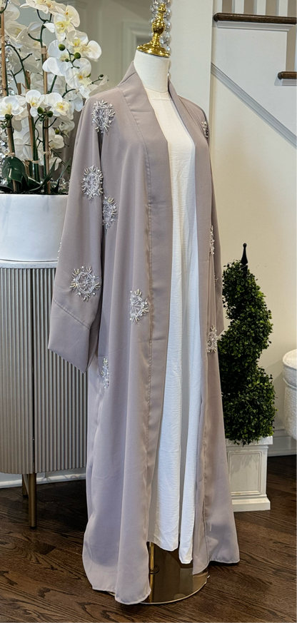 Embellished Handwork Beaded Gray Open Abaya Wide Sleeves