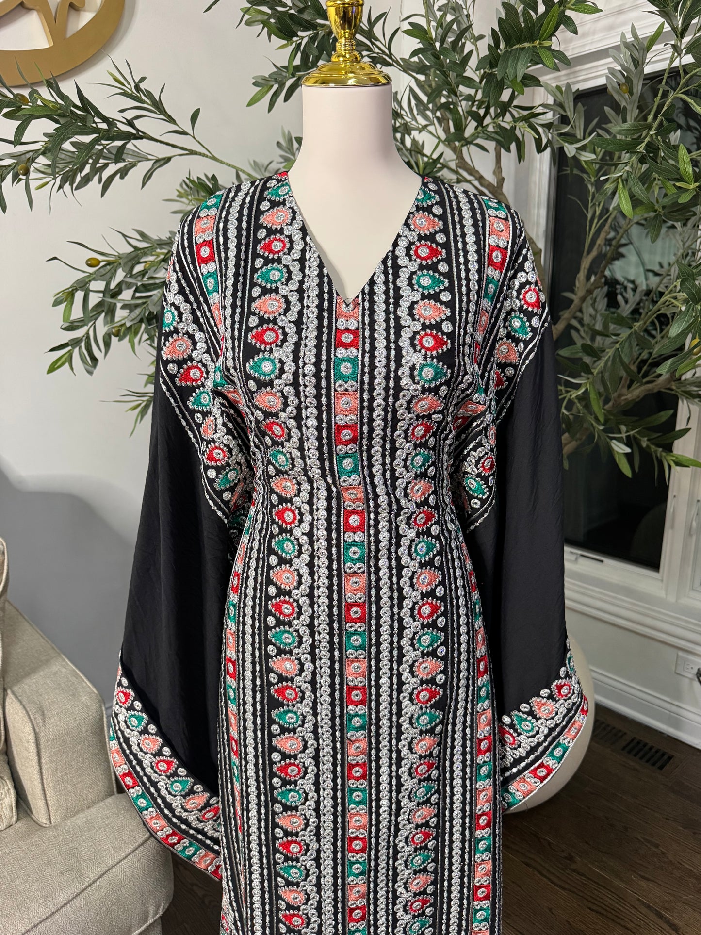 Traditional Embroidered Modest Dress with Adjustable Waist