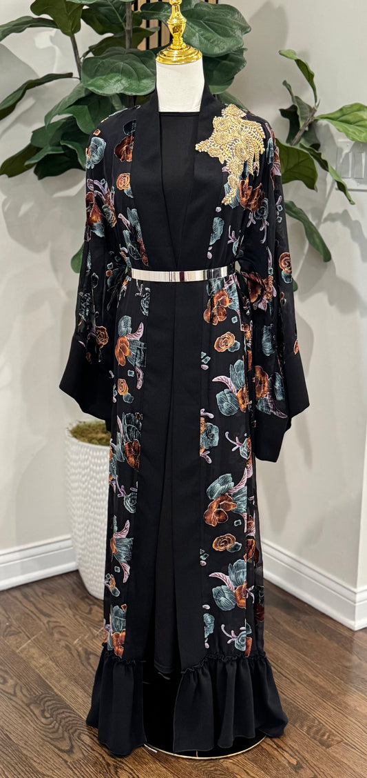 Floral Velvet Prints Tulle Open Abaya