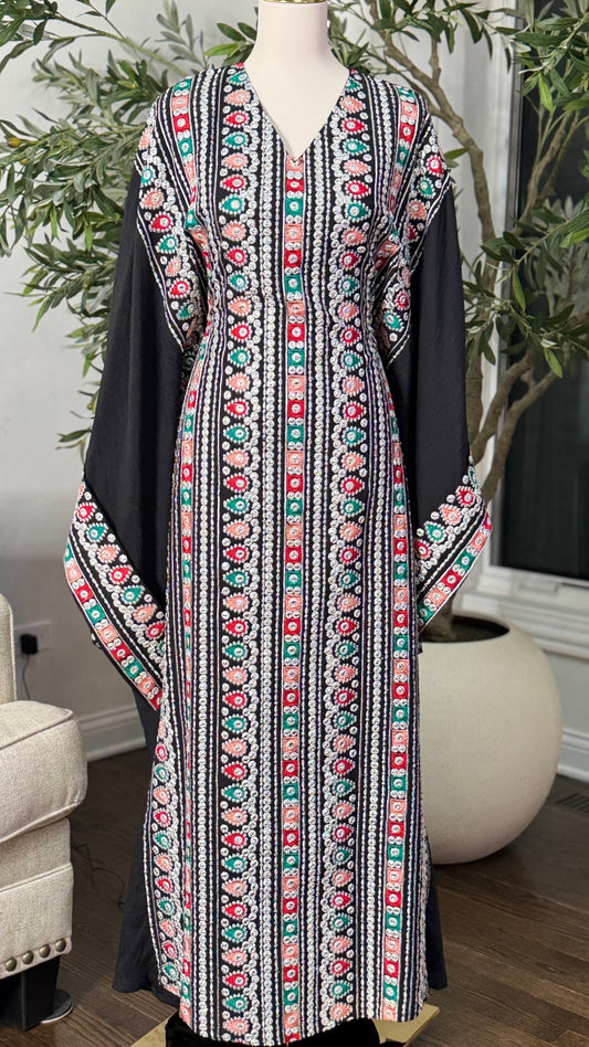 Traditional Embroidered Modest Dress with Adjustable Waist