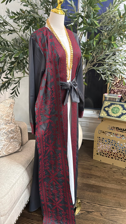 Luxury Charcoal Abaya with Red Embroidery Tatreez Thobe