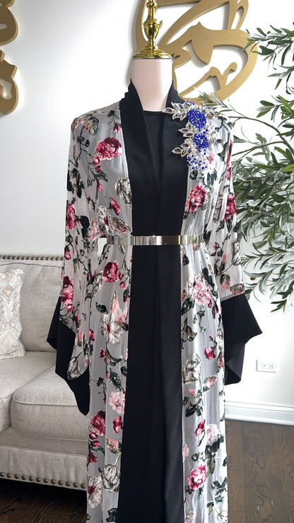 Embellished light Blue Velvet Bloom Chiffon Open Abaya