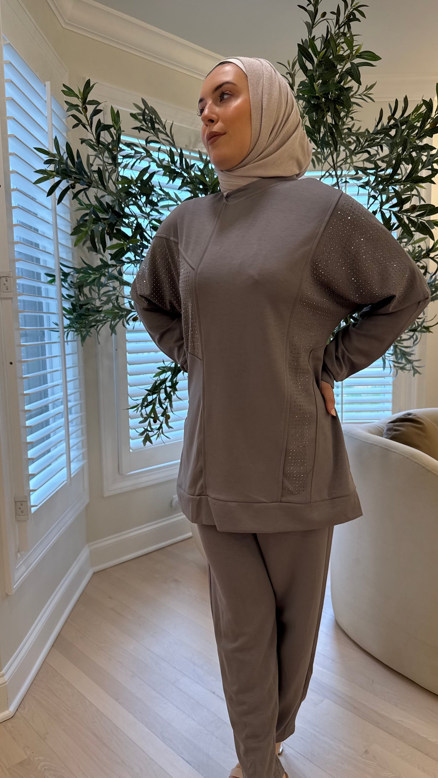 Everyday Modest Gray Two-Piece Set with Embellishments