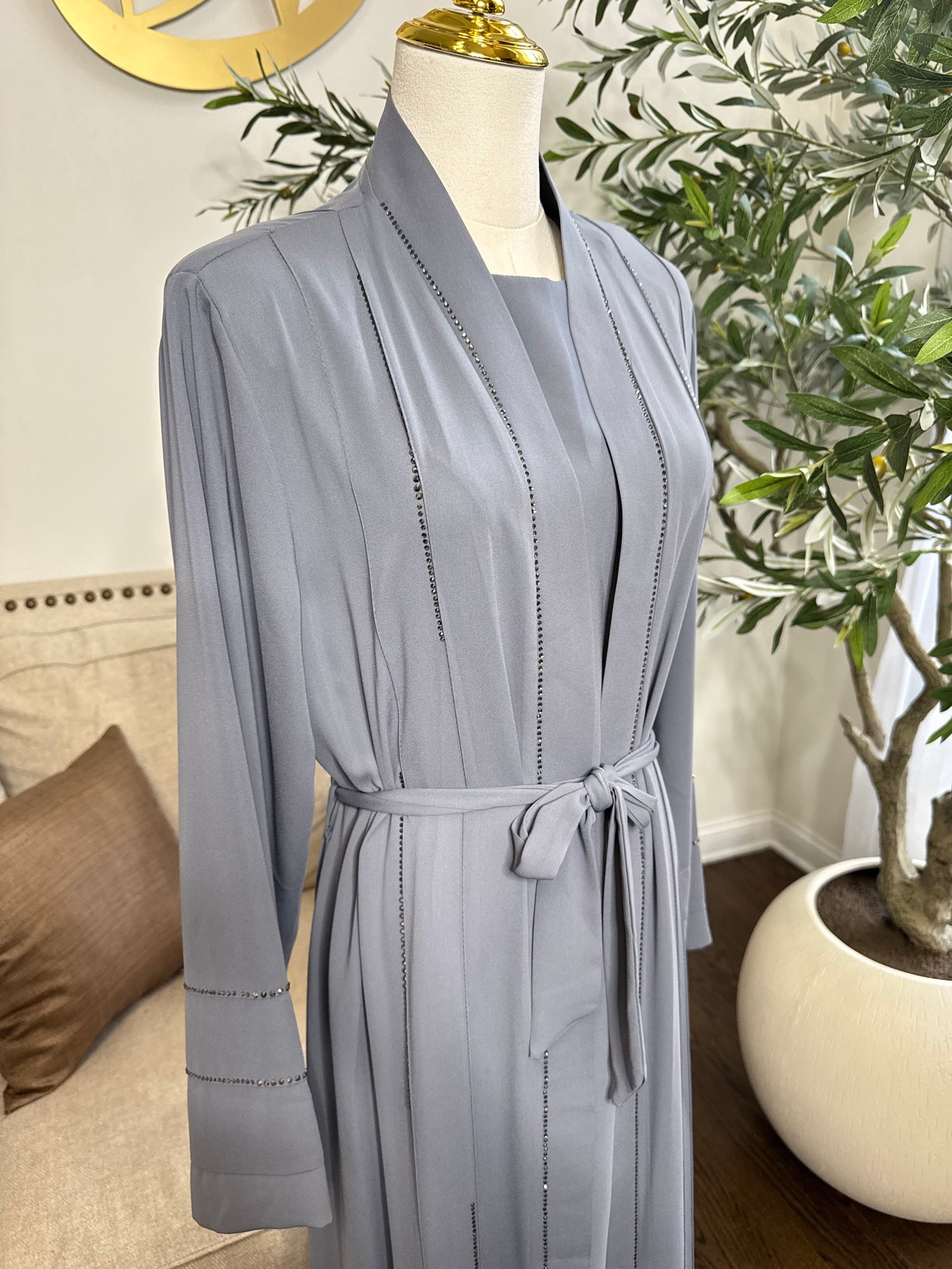 3 Pcs Elegant Rhinestone Embellished open Abaya with belt