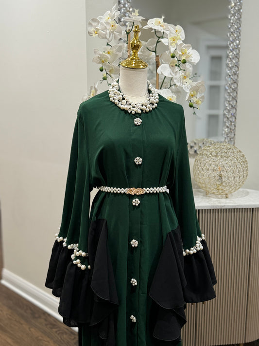 Stunning Pearls/ crystal Neckline Forest Green Dress Abaya