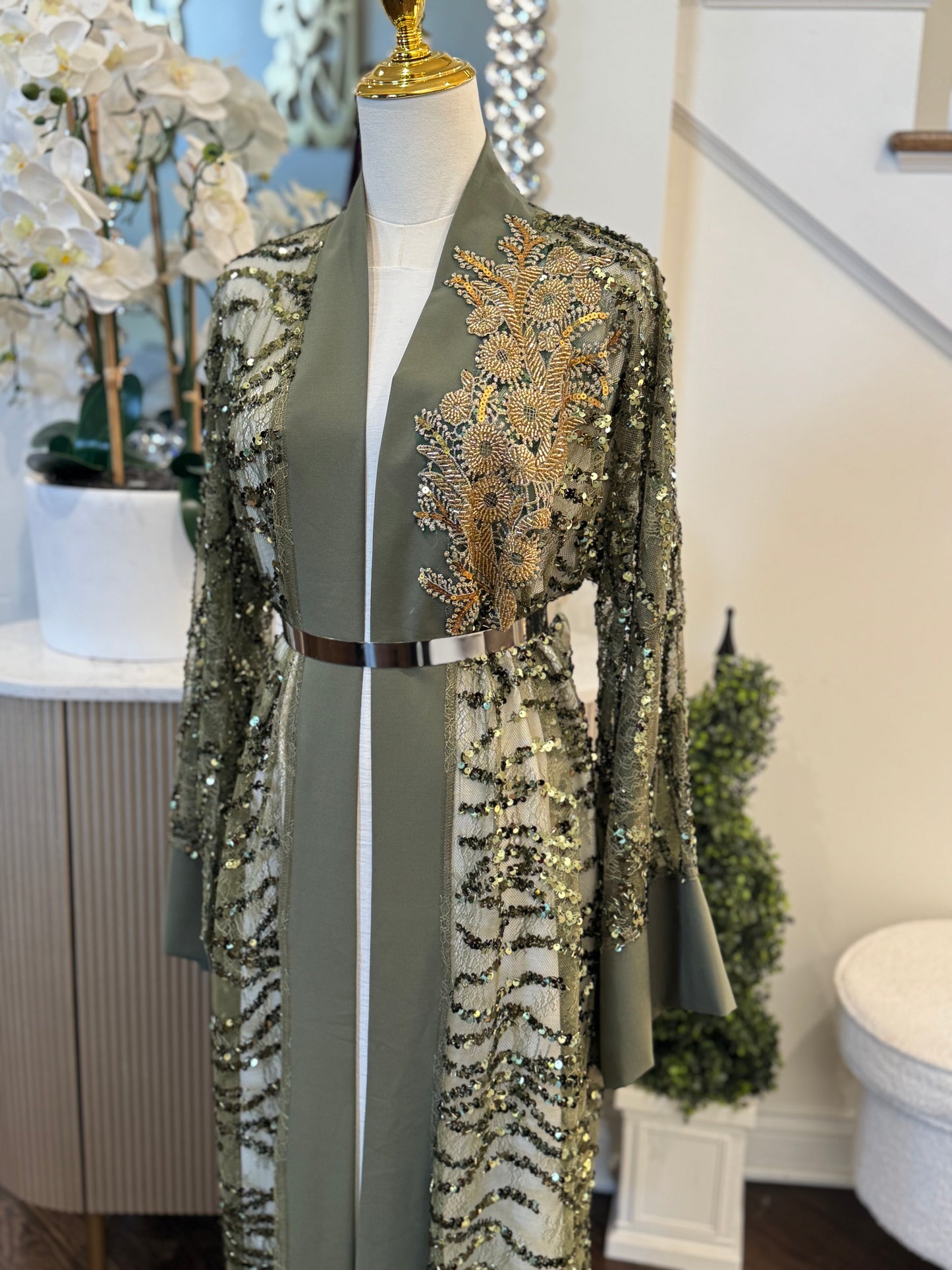Golden Sequence Olive Elegance Ruffled Open Abaya