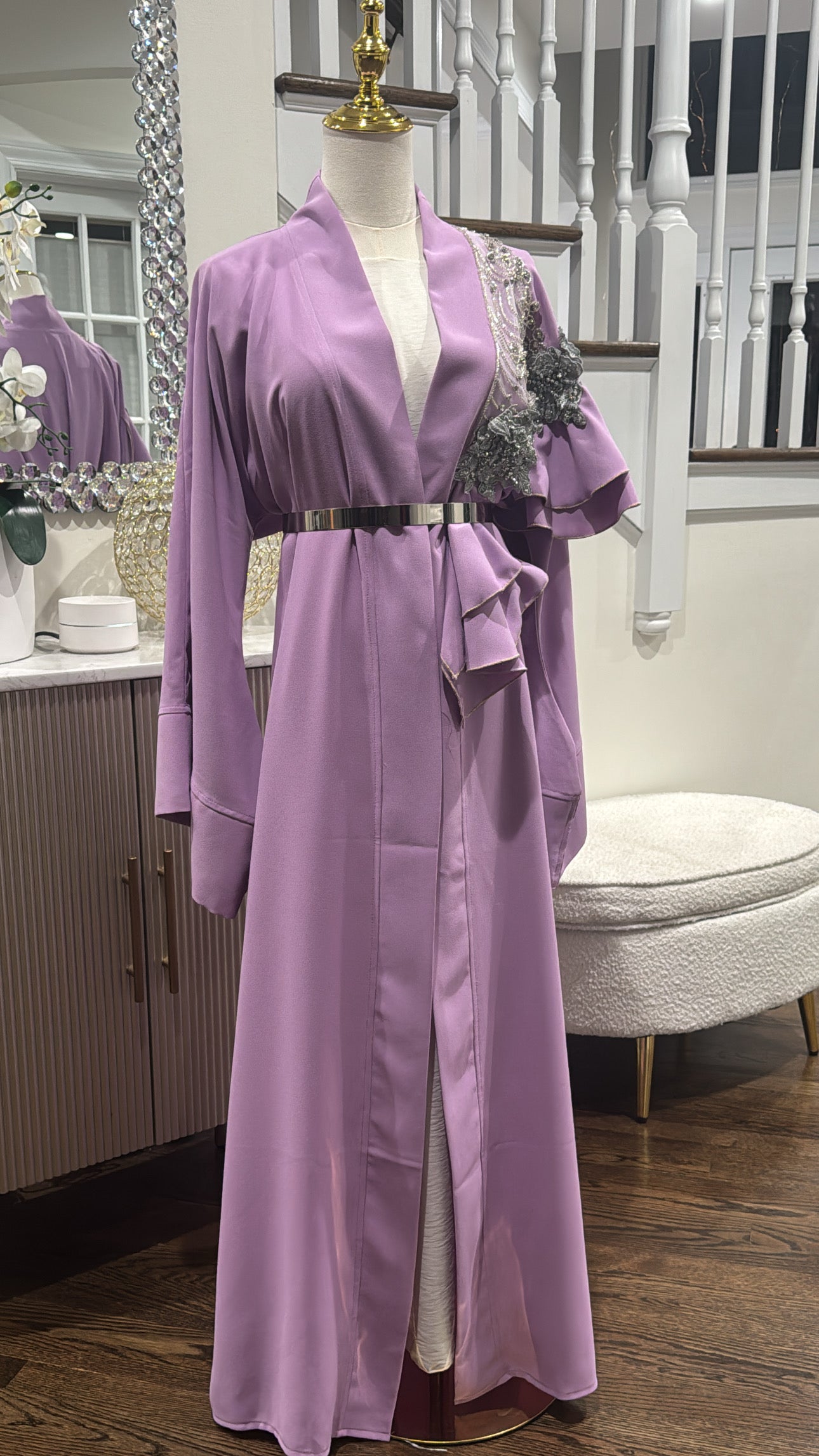 Elegant Ruffed Embellished lavander open abaya