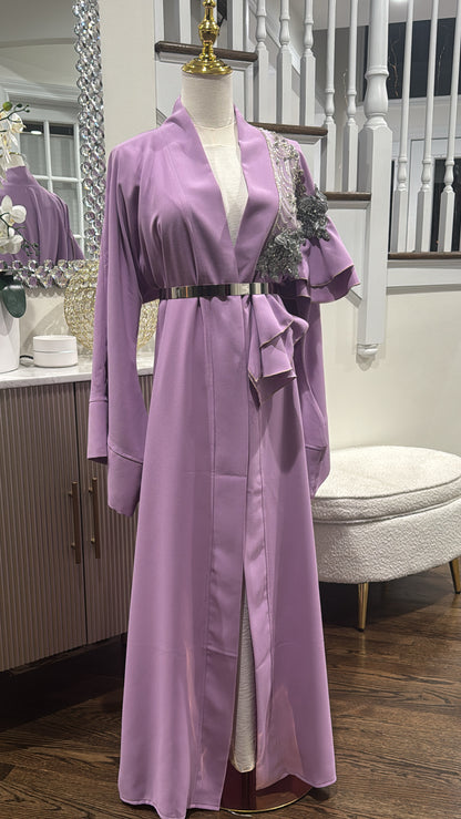 Elegant Ruffed Embellished lavander open abaya