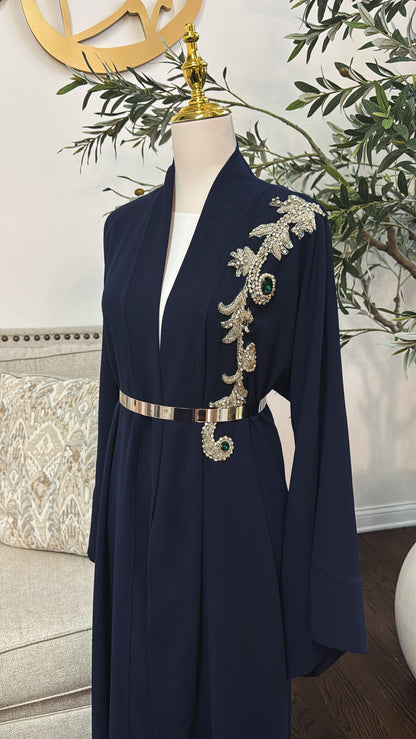 Navy Blue Embellished Bead Open Abaya