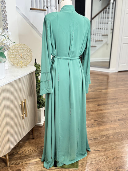 3 Pcs Teal Elegant Rhinestone Embellished open Abaya with belt