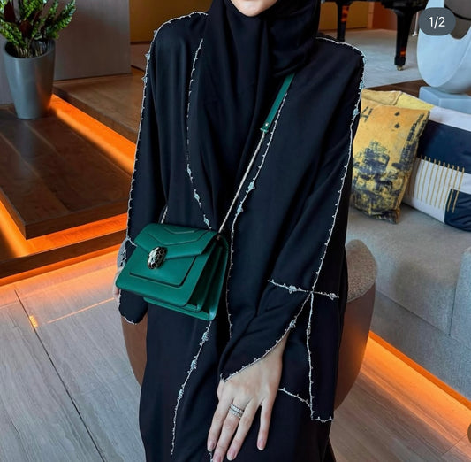 3 pcs elegant Black crochet beaded trim abaya set