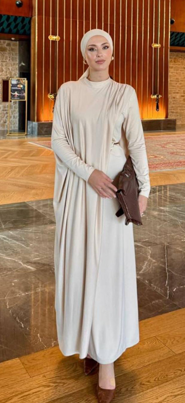 Elegant Draped Lycra Maxi Dress with Statement Belt