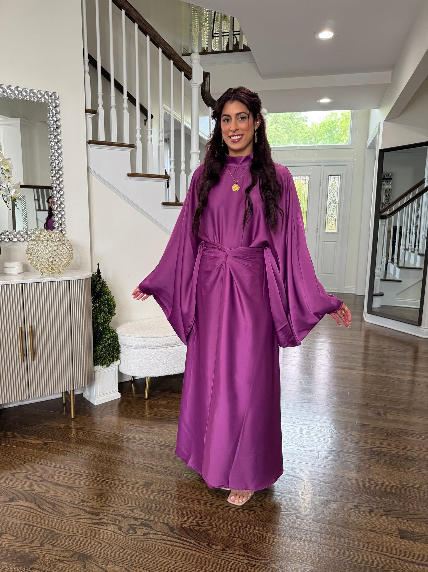 Satin Wide Sleeves Butterfly Waist Tie Wrap Skirt Set