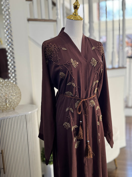 Brown Embellished Dubai Satin Abaya