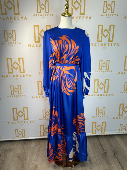 Modest Maxi Floral Satin Dress With Belt