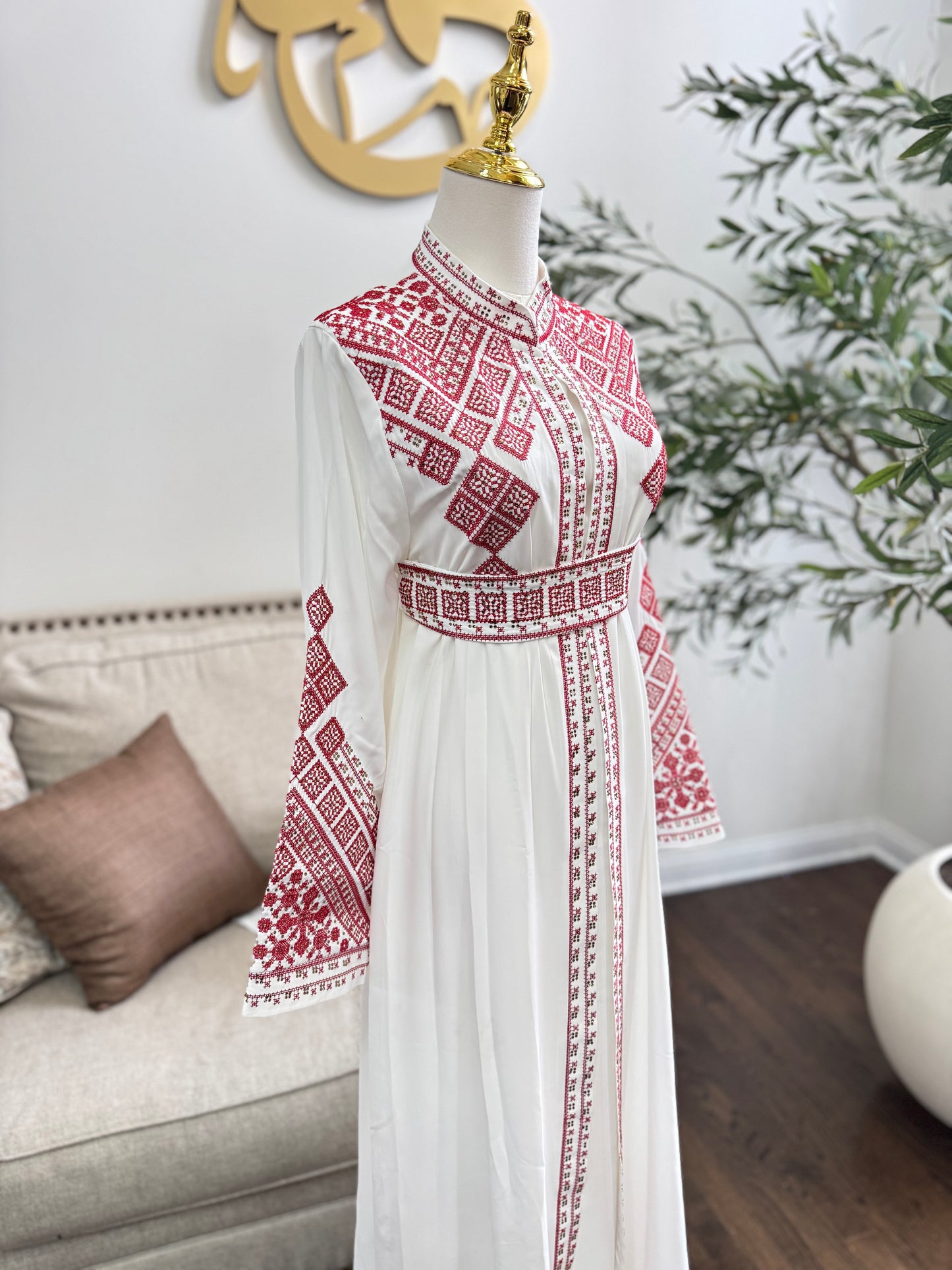 3 pcs Palestinian traditional white embroidered tatreez open abaya Thobe