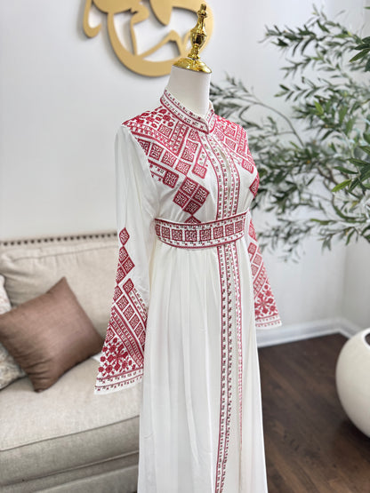 3 pcs Palestinian traditional white embroidered tatreez open abaya Thobe