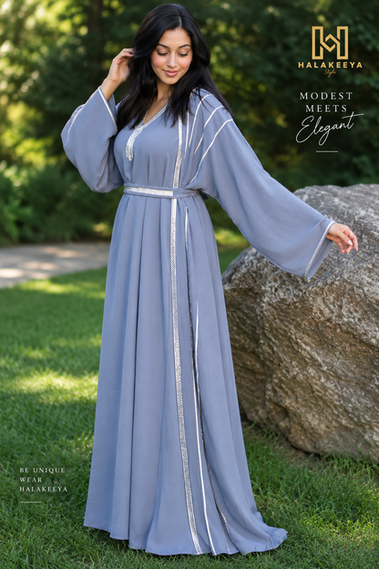 4 PIECE EMBELLISHED OPEN ABAYA WITH BELT, HIJAB AND INNER DRESS