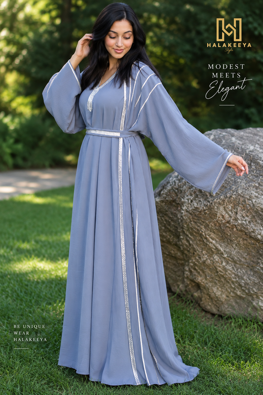 4 PIECE EMBELLISHED OPEN ABAYA WITH BELT, HIJAB AND INNER DRESS