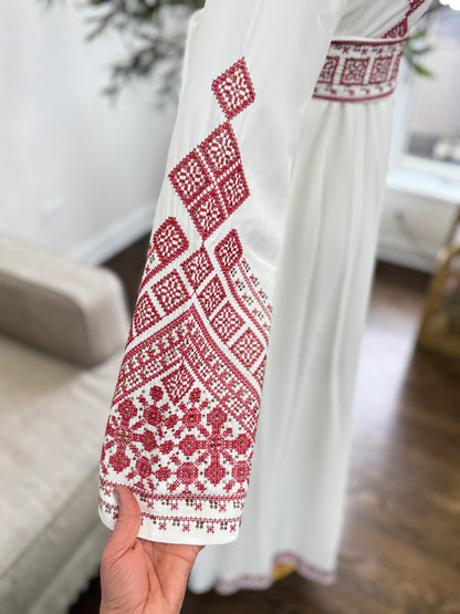 3 pcs Palestinian traditional white embroidered tatreez open abaya Thobe