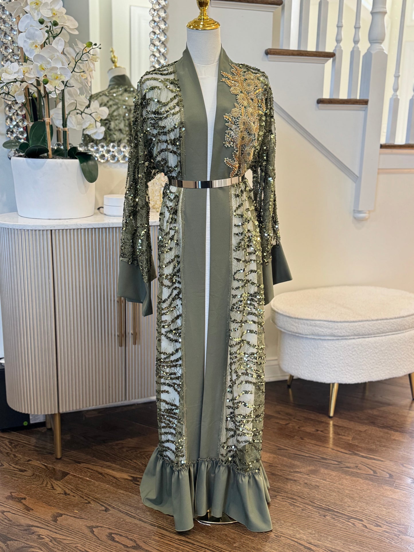 Golden Sequence Olive Elegance Ruffled Open Abaya
