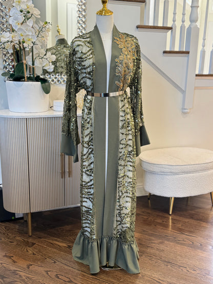 Golden Sequence Olive Elegance Ruffled Open Abaya