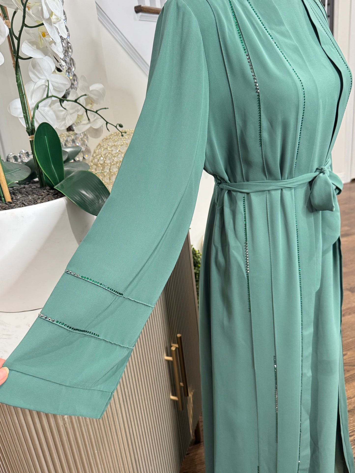 3 Pcs Teal Elegant Rhinestone Embellished open Abaya with belt