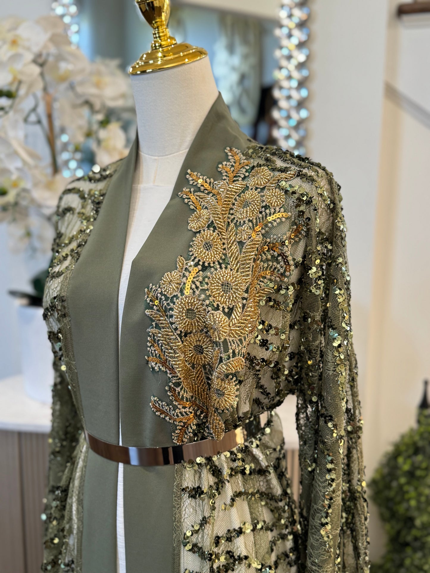 Golden Sequence Olive Elegance Ruffled Open Abaya