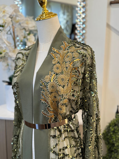 Golden Sequence Olive Elegance Ruffled Open Abaya
