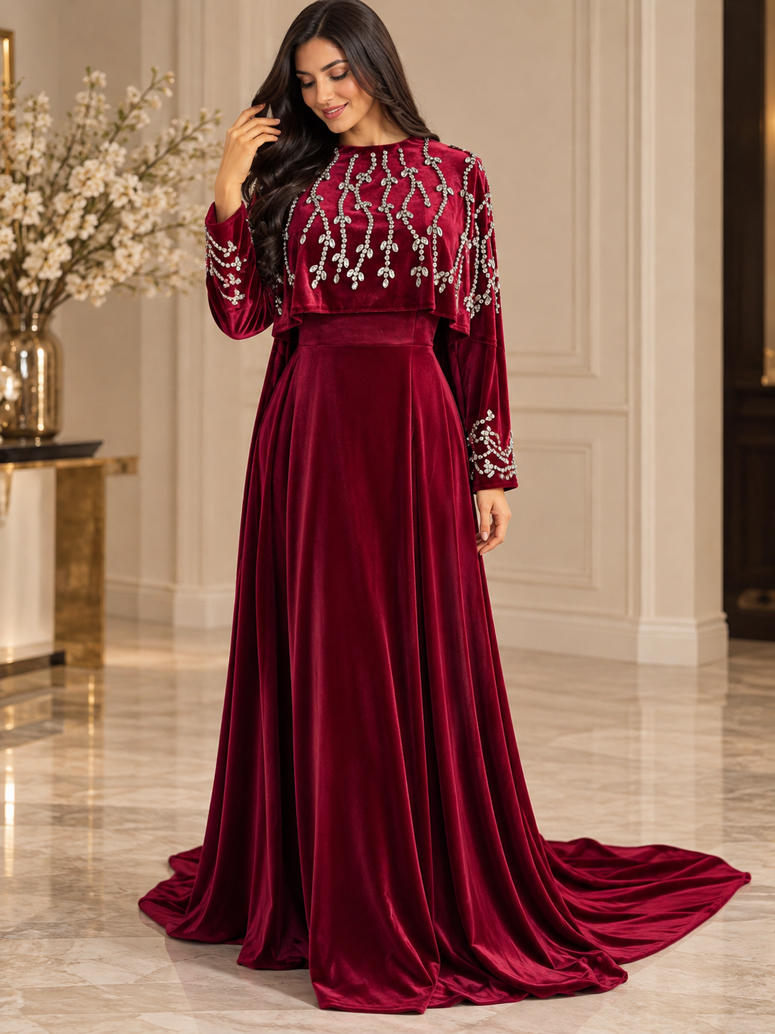 Royal Red Velvet Embroidered Cape Gown