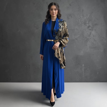Navy blue Embroidered Embellished Draped shawl Open Abaya