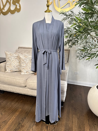 3 Pcs Elegant Rhinestone Embellished open Abaya with belt