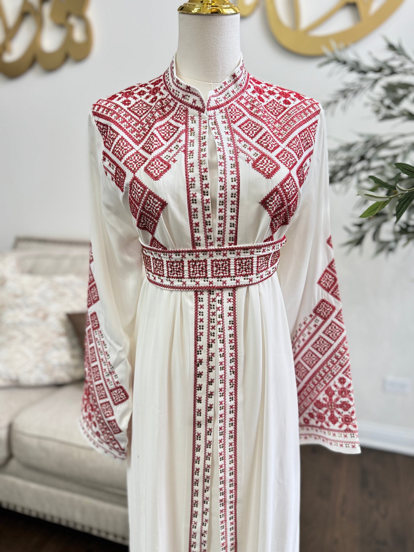 3 pcs Palestinian traditional white embroidered tatreez open abaya Thobe