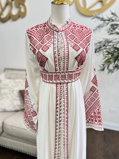 3 pcs Palestinian traditional white embroidered tatreez open abaya Thobe