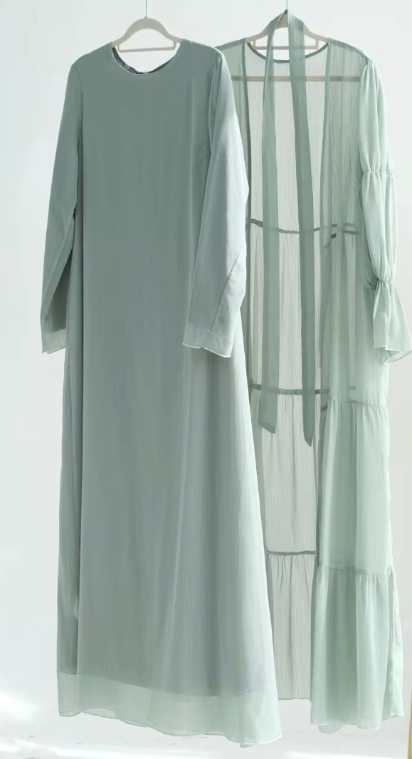 2-Piece Puff Sleeves Chiffon Abaya Set with Belt