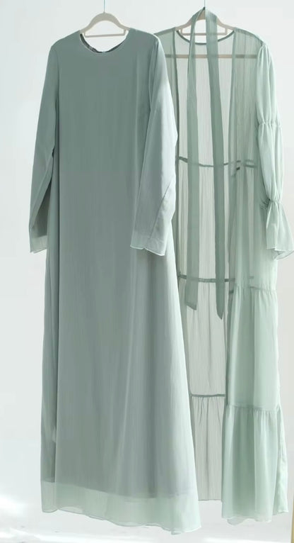 2-Piece Puff Sleeves Chiffon Abaya Set with Belt