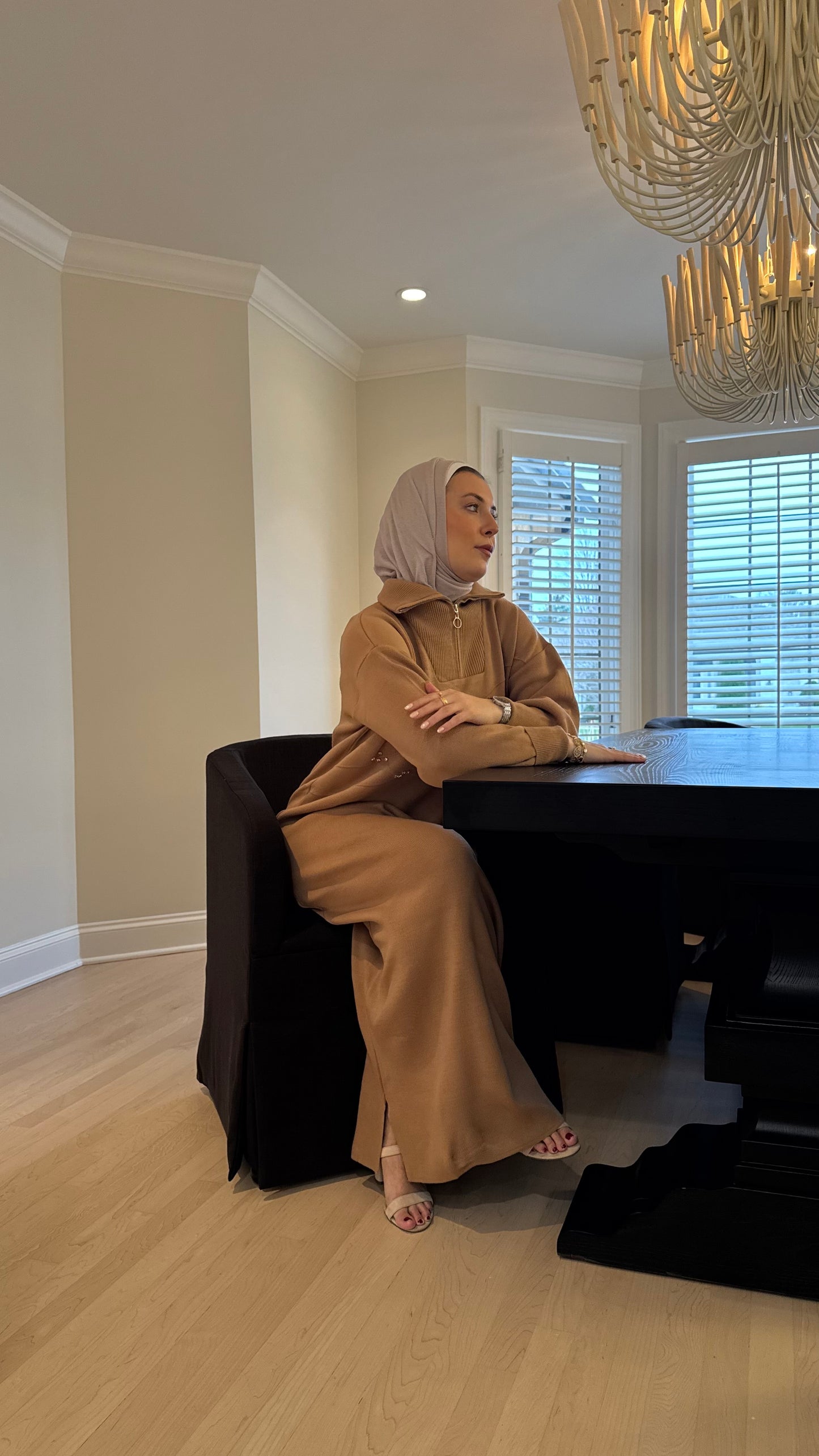 Chic Embellished Camel color Knit Maxi Relaxed Long Winter