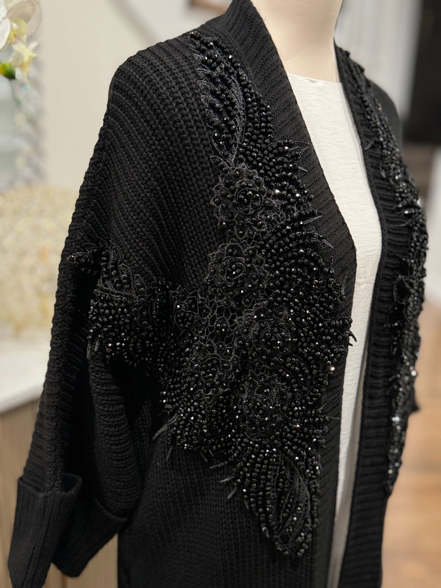 Embellished Beaded Knit Long Cardigan Jacket
