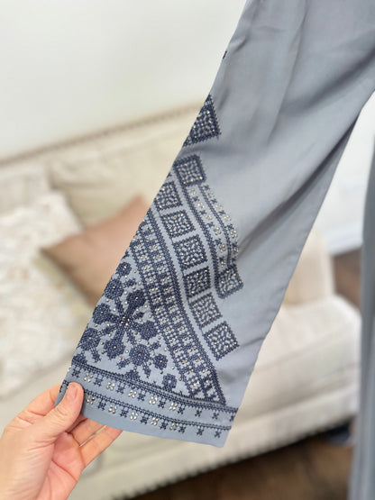 3 pcs Gray Satin Palestinian traditional Black embroidered tatreez open abaya Thobe