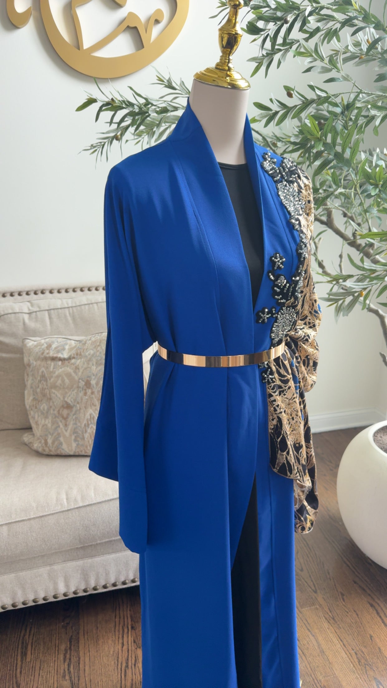 Navy blue Embroidered Embellished Draped shawl Open Abaya